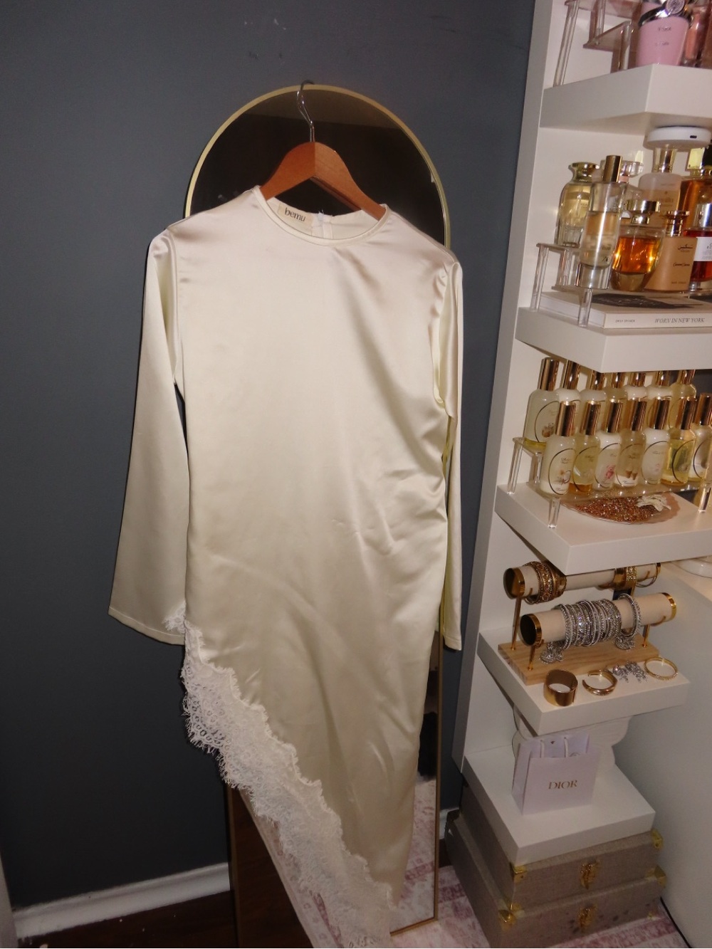 Asymmetrical Satin Lace-Trim Top in Cream